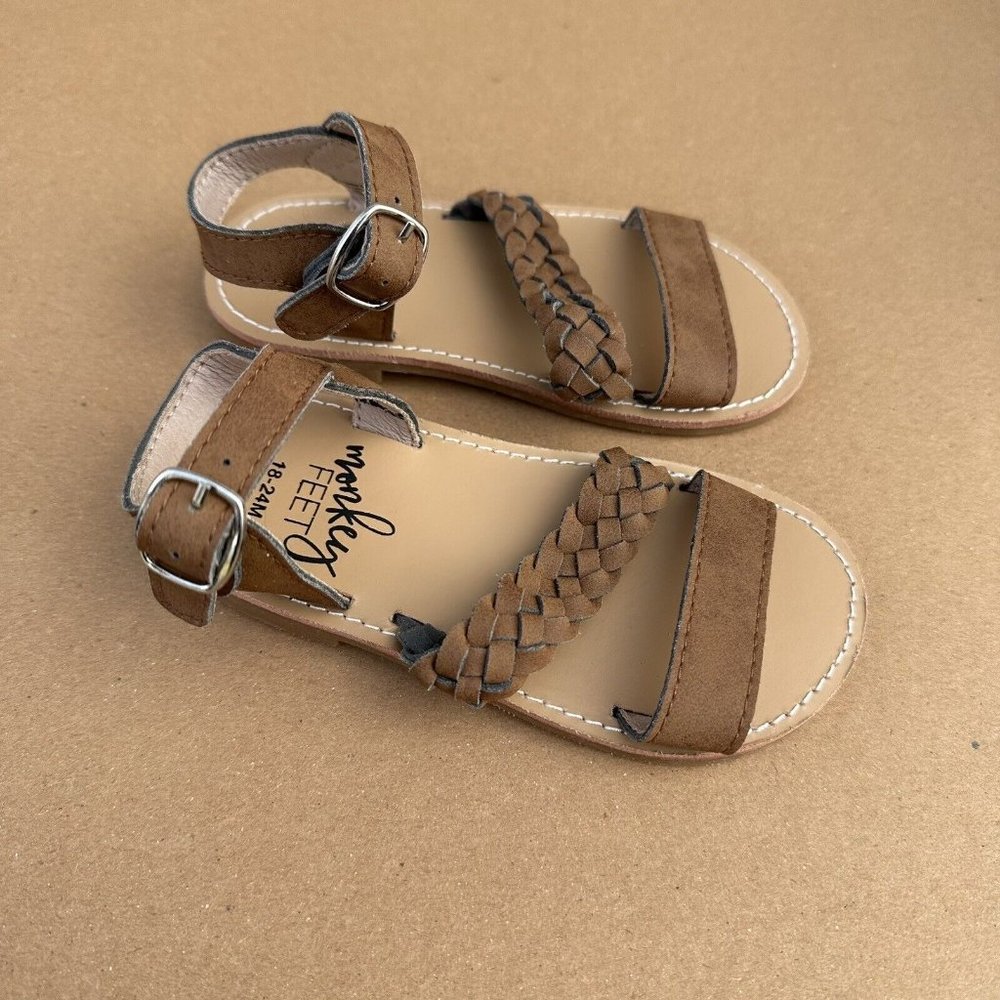 Monkey Feet Brown Leather Braided Sandals Shoes Size 18-24 Months